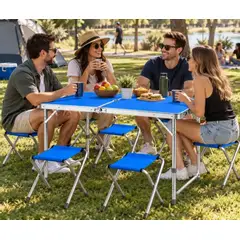 GENERICO - Set de Mesa Plegable + 4 Sillas para Jardín, Terraza, Camping y Exteriores - Azul