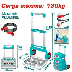 TOTAL - Carro de Carga Plegable Industrial 130kg de Aluminio con Ruedas TPR 175mm y Cuerda Elástica
