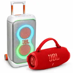 JBL - Combo PartyBox Stage 320 240W Blanco + Parlante Bluetooth Charge 6 Rojo