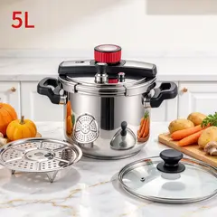 LINLONG - Olla a Presión Giratoria 5L, 22cm, Acero Inoxidable 201/304, Tapa Vidrio y Vaporera