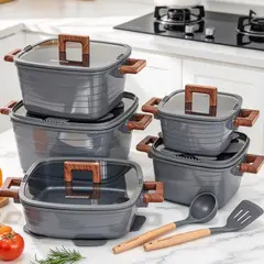 LINLONG - Juego de Ollas de Aluminio Fundido 15 Piezas 20-32cm + Accesorios Color Gris