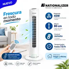 NATIONALIZER - Ventilador Torre TF80AR Control Remoto 45W Blanco