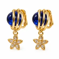 GENERICO - Aretes a Presión Mujer con Esfera Azul y Flor Colgante 1.5 cm