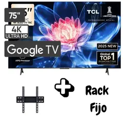 TCL - Televisor 75 Pulgadas QLED UHD 4K Google TV Smart TV 2Gb RAM / 16Gb 75T6C +RACK FIJO