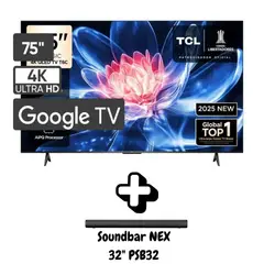 TCL - Televisor 75 Pulgadas QLED UHD 4K Google TV Smart TV 2Gb RAM / 16Gb 75T6C +SOUNDBAR NEX