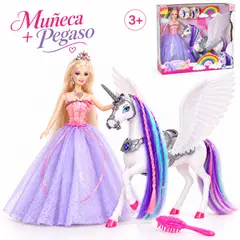 GENERICO - Muñeca Princesa con Pegaso de Alas que Cambian de Color con el Sol