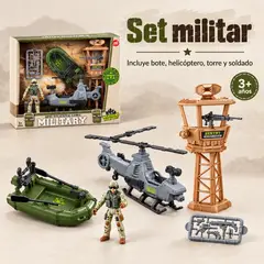 GENERICO - Set Militar Infantil con Helicóptero, Bote, Torre y Soldado