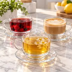 GENERICO - Set de 6 Tazas y platos de Vidrio Transparente de 590 ml