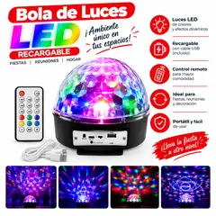 GENERICO - BOLA DE LUCES LED DISCO DISCOTECA RECARGABLE CON CONTROL REMOTO Y CABLE DE CARGAPARA FIESTAS