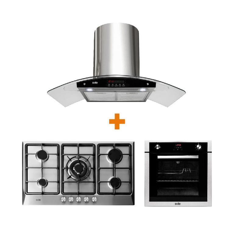 Combo Sole: Horno Convector a Gas + Cocina Empotrable 5 Hornillas + Campana Extractora