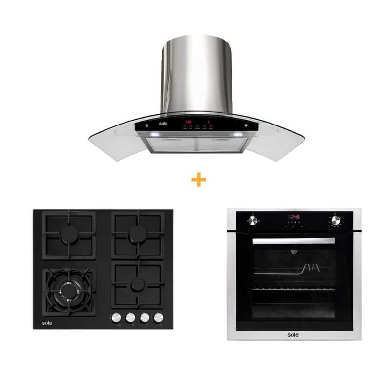 Combo Sole: Cocina Empotrable SOLCO040 60 cm 4 Hornillas + Campana con Filtro TURE63CO 3 Velocidades + Horno Empotrable a Gas SOLHO007 Grill y Rosticero