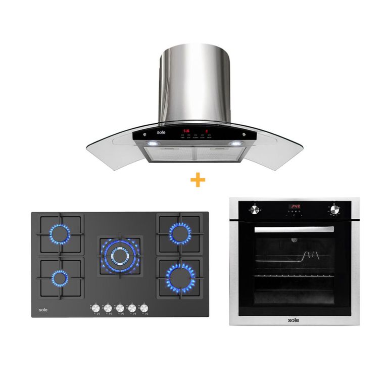 Combo Sole: Cocina Empotrable SOLCO041 76 cm 5 Hornillas + Campana con Filtro TURE63CO 3 Velocidades + Horno Empotrable a Gas SOLHO007 Grill y Rosticero