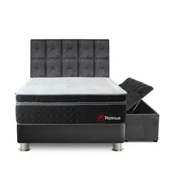 FORLI - Dormitorio Platinium Tapizado Queen + Baúl + 2 Almohadas Viscoelásticas + Protector