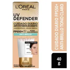 LOREAL PARIS - Protector Solar UV Defender Toque Seco con Color Antibrillo Tono Claro FPS 50+