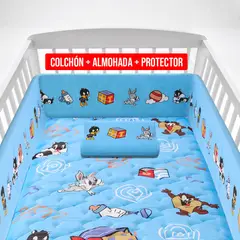 FORLI - Colchón De Cuna Looney Tunes Azul + Almohada + Protector