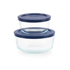 PYREX - Set x2 Bowls Redondo 470 ml + 950 ml con Tapa Plast Azul