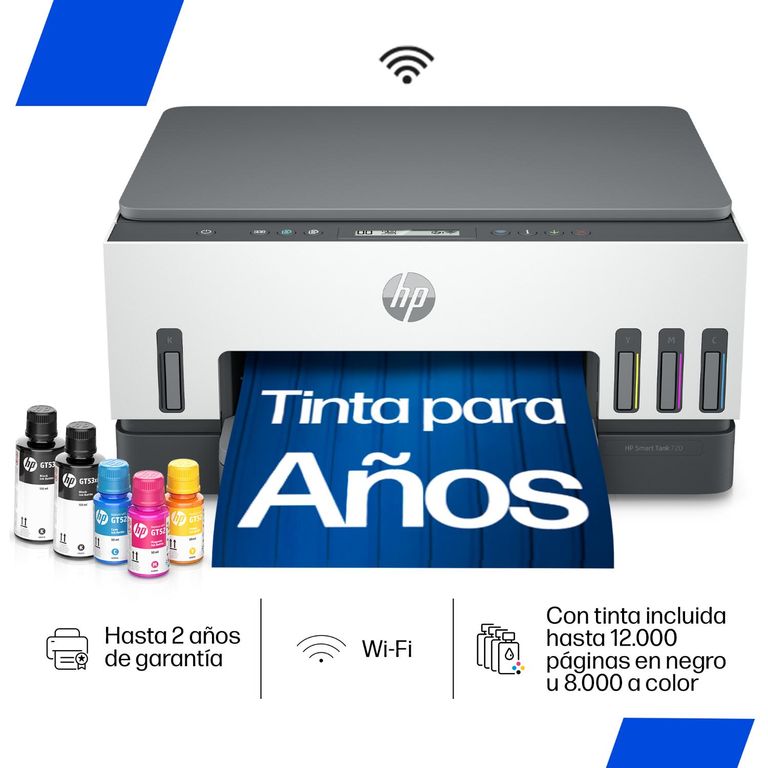 Impresora Multifuncional Smart Tank 720 con Tanques de Tinta a Color, Wi-Fi, Dúplex (Impresión a doble cara), App