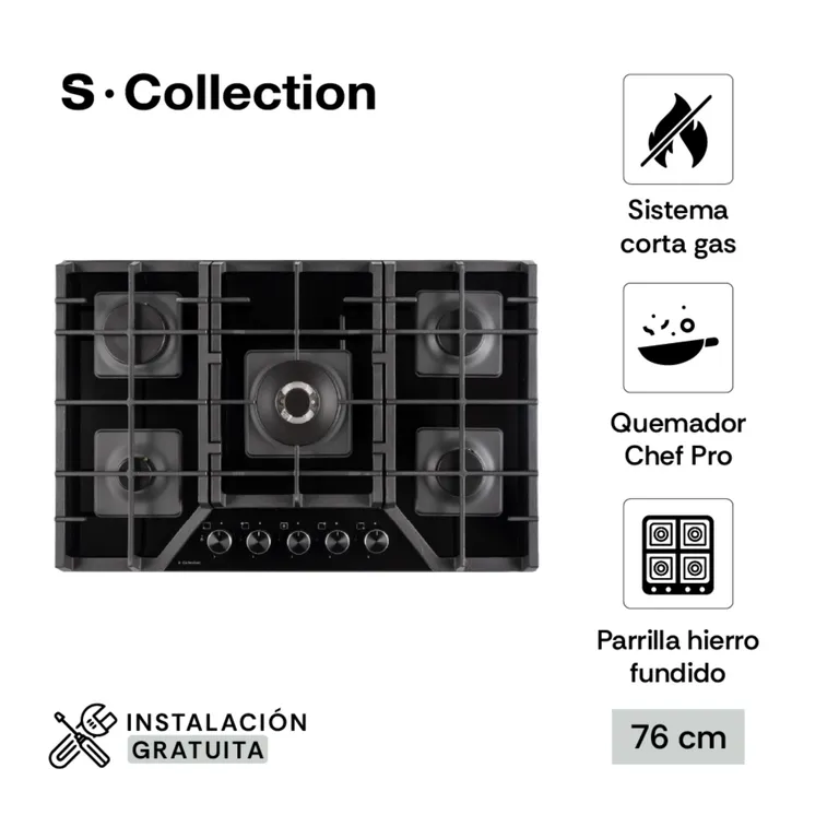 Encimera Vidrio Templado A Gas 76Cm 5 Hornillas