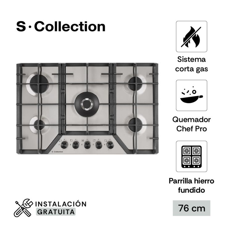 Encimera Acero Inoxidable A Gas 76Cm 5 Hornillas