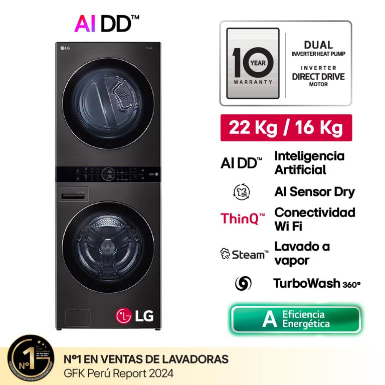 Centro De Lavado Washtower WK22BS6 22/16 Kg AI DD Carga Frontal Negro Acero