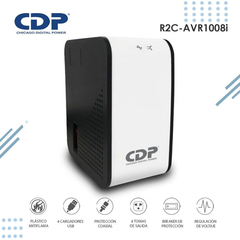 Estabilizador de Voltaje R2C-AVR1008I 1000VA/500W 8 Tomas de Salida