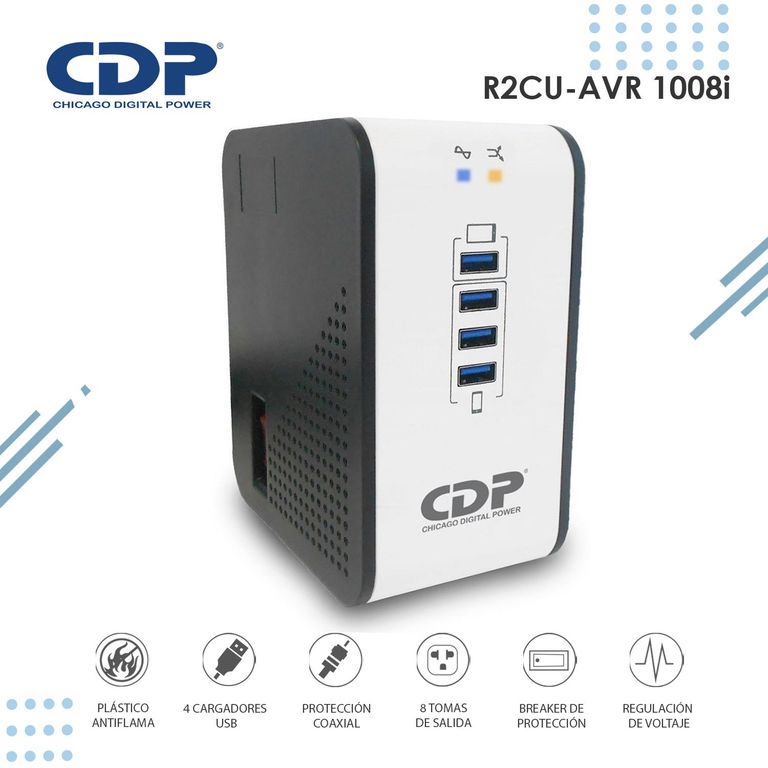 Estabilizador de Voltaje R2CU-AVR 1008I 1000VA/500W 8 Tomas de Salida 4 Puertos USB