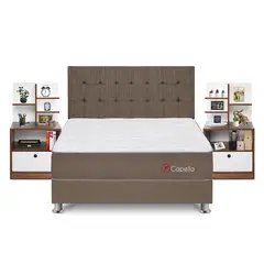 FORLI - Dormitorio Capella Hiromi Queen + 2 Veladores Repisa Colors + 2 Almohadas + Protector