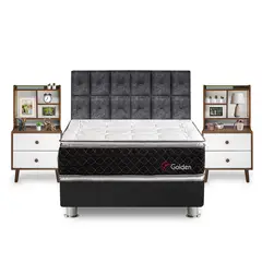 FORLI - Dormitorio Golden Kimiko King + 2 Veladores Repisa Fashion + 2 Almohadas Viscoelásticas + Protector