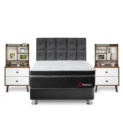 FORLI - Dormitorio Platinium Kimiko Queen + 2 Veladores Repisa Fashion + 2 Almohadas Viscoelásticas + Protector