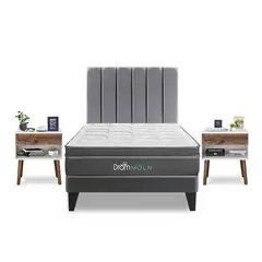 DROM - Dormitorio Europeo Moln Queen + 2 Almohadas Viscoelásticas y Protector + 2 Veladores