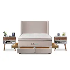 DROM - Dormitorio con Cajones Mild 2 Plz + 2 Veladores Luxe + 2 Almohadas Viscoelásticas + Protector