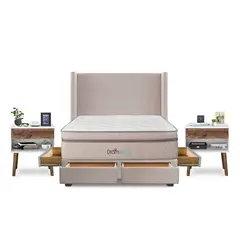 DROM - Dormitorio con Cajones Mild Queen + 2 Veladores Luxe + 2 Almohadas Viscoelásticas + Protector