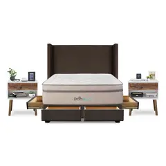 DROM - Dormitorio con Cajones Mild Queen + 2 Veladores Luxe + 2 Almohadas Viscoelásticas + Protector