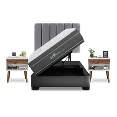 DROM - Dormitorio Boxet Moln Queen + 2 Almohadas Viscoelásticas y Protector + 2 Veladores