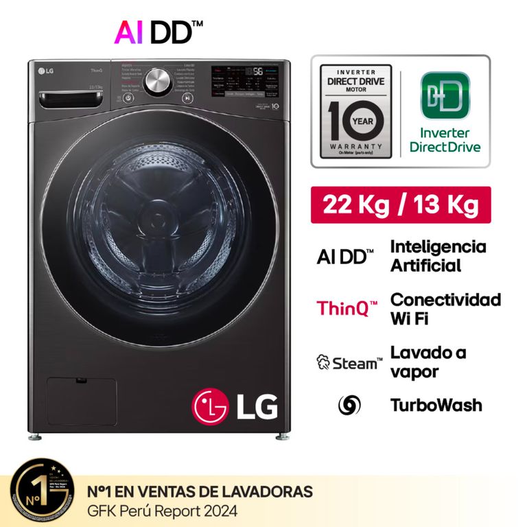 Lavaseca WD22BV2S6R 22/13Kg AI DD Carga Frontal Negra