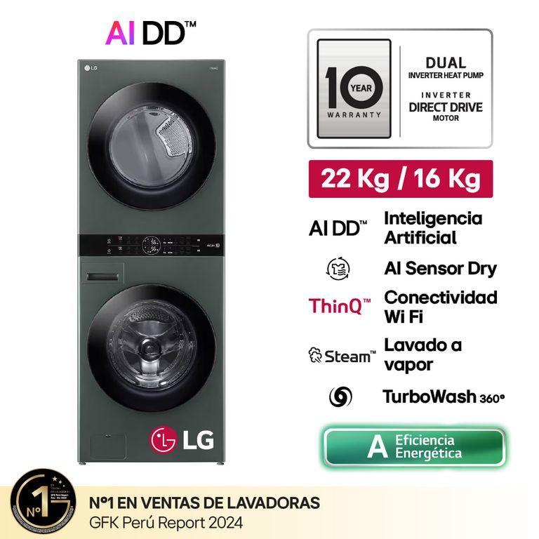 Centro De Lavado Washtower WK22GGS6 22/16kg AI DD Carga Frontal Verde