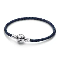 PANDORA - Brazalete de cuero trenzado azul