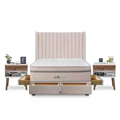 DROM - Dormitorio con Cajones Mild Líneas 2 Plz + 2 Veladores Luxe + 2 Almohadas Viscoelásticas + Protector