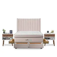 DROM - Dormitorio con Cajones Mild Líneas Queen + 2 Veladores Luxe + 2 Almohadas Viscoelásticas + Protector