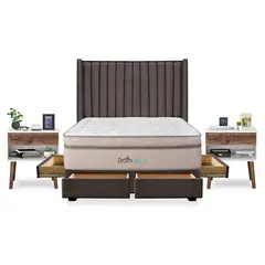 DROM - Dormitorio con Cajones Mild Líneas King + 2 Veladores Luxe + 2 Almohadas Viscoelásticas + Protector