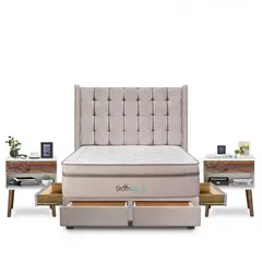 DROM - Dormitorio con Cajones Mild Cuadros 2 Plz + 2 Veladores Luxe + 2 Almohadas Viscoelásticas + Protector