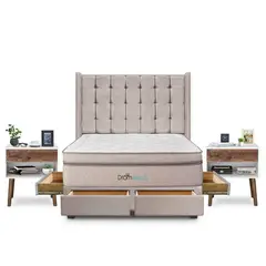 DROM - Dormitorio con Cajones Mild Cuadros Queen + 2 Veladores Luxe + 2 Almohadas Viscoelásticas + Protector