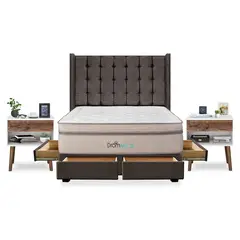 DROM - Dormitorio con Cajones Mild Cuadros Queen + 2 Veladores Luxe + 2 Almohadas Viscoelásticas + Protector