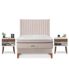 DROM - Dormitorio Europeo Mild Lineas Queen + 2 Veladores Luxe + 2 Almohadas Viscoelásticas + Protector