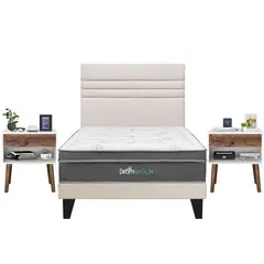DROM - Dormitorio Europeo Moln Line Beige 2 Plz + 2 Veladores + 2 Almohadas Viscoelásticas y Protector