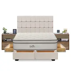 DROM - Dormitorio con Cajones Fred King + 2 Veladores + 2 Almohadas Viscoelásticas + Protector