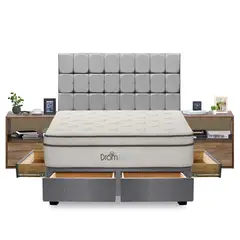 DROM - Dormitorio con Cajones Fred Gris King + 2 Almohadas Viscoelásticas y Protector + 2 Veladores