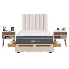 DROM - Dormitorio con Cajones Moln 2 Plz + 2 Veladores + 2 Almohadas Viscoelásticas y Protector