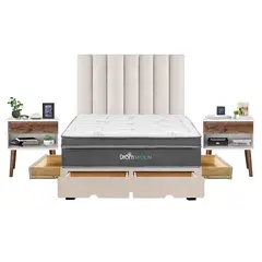 DROM - Dormitorio con Cajones Moln Queen + 2 Almohadas Viscoelásticas y Protector + 2 Veladores
