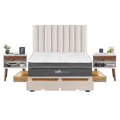 DROM - Dormitorio con Cajones Moln King + 2 Almohadas Viscoelásticas y Protector + 2 Veladores